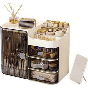 Make-up cosmetica organizer met 3 lades, grote cosmetica kwasten organizer met spiegel, make-up organizer make-up opberger voor kaptafel, badkamer (zwart-crème)