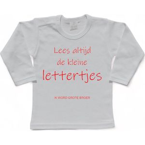 Shirt Aankondiging zwangerschap ""Lees altijd de kleine lettertjes (ik word grote broer)"" | lange mouw | Wit/rood | maat 98 zwangerschap aankondiging bekendmaking Baby big bro brother