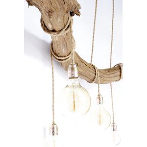 houten hanglamp met 5 LED spiraal lampen (scheepstouwkabel / messing fittingen)