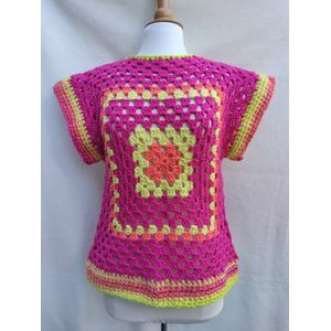 Handgemaakte trui / spencer korte mouw in roze, oranje, geel gehaakt