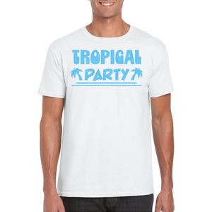 Bellatio Decorations Tropical party T-shirt heren - met glitters - wit/blauw - carnaval/themafeest S