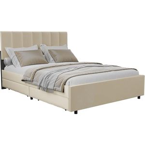 Juskys Gestoffeerd Bed Soria - 140 x 200 cm - Beige - Incl. Bedlades