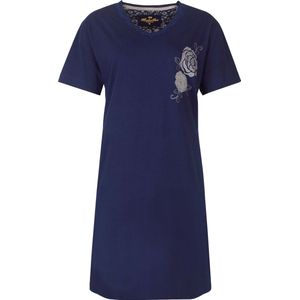 Medaillon Dames Nachthemd - Katoen - Korte Mouwen - Donker Blauw - Maat S