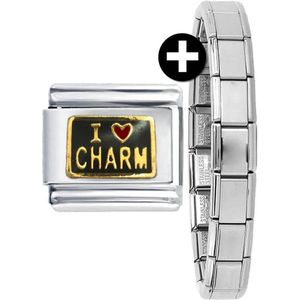 Schakel/Bedel - I Love Charm - plus armband - 9mm - Geschikt voor Nomination armband - Schakelarmband - Charm - Zwart/Goud