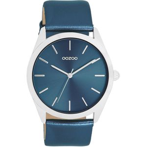 Zilverkleurige OOZOO horloge met blauwe leren band - C11337