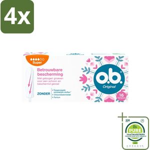 o.b. Tampons - Original Super - Gebogen Groeven - Voor Betrouwbare Bescherming - 16 Tampons - Voordeelverpakking - 4 stuks - Menstruatieschijfjes - Tampons