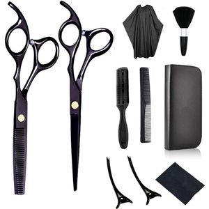 Haarschaarset - 11-delige zwarte roestvrijstalen haarknipset met uitdunschaar- nekborstel- kam- kapperscape en haarclips