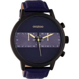OOZOO Timepieces - Zwarte horloge met blauwe leren band - C10515 - Ø50
