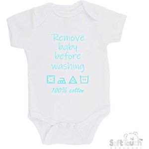 100% katoenen Romper ""Remove baby before washing 100% cotton"" Unisex Katoen Wit/aquablauw Maat 56/62