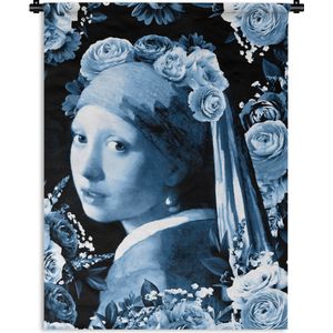 Wandkleed - Wanddoek - Meisje met de parel - Rozen - Delfts blauw - 150x200 cm - Wandtapijt
