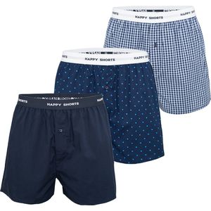 Happy Shorts 3-Pack Wijde Boxershort Gestipt Geblokt Effen Blauw - Losse boxershort - Maat XXL