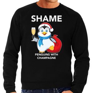Pinguin Kerstsweater / Kerst trui Shame penguins with champagne zwart voor heren - Kerstkleding / Christmas outfit L