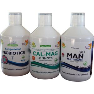 Triple pack Probiotica+CalciumMagnesium+Man 50 multivitamine is een unieke mix van vitaminen en mineralen. Al deze ingrediënten en nutriënten zorgen voor een verbetering van energie en uithoudingsvermogen. Deze blend valt onder de Multivitaminen