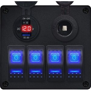 ProRide Schakelpaneel 12V voor Auto/Boot - USB Lader met Sigaretten stopcontact - 5V/2.4A - 4 schakelaars