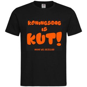 T-shirt Unisex Volwassenen ""Koningsdag is KUT! maar wel gezellig"" Op Voorkant Oranje Koning Koningsdag | korte mouw | Zwart/oranje | maat L