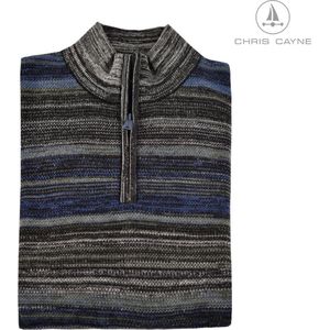 Chris Cayne schipperstrui gestreept - maat M - heren trui M - kleur grijs/blauw/groen - structuur - heren pullover met korte rits - herenmode - herenkleding - gebreid