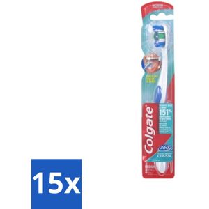15 x Colgate - Tandenborstel - 360 Whole Mouth Clean Medium - Wit/Blauw - 1 Tandenborstel - Tandenborstel 360 Graden - Mondhygiëne - Tandenborstel Met Tongreiniger - Bacteriën Verwijderen - Tandplak Verwijderen