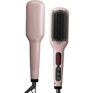 Keramische stijltang met borstel en dubbele spanning - Draaibaar snoer en automatische uitschakeling (roze)