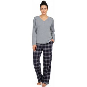 La-V pyjamaset voor dames met geruite flanel broek en V hals met knoopjes - Grijs XXL