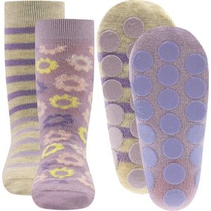 Ewers Antislipsok 2-pack - 2 paar - Beige met Lila strepen en Lila met bloemen - Antislip Noppen-18/19