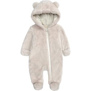 Kinderromper van pluche - Knuffelbeertjes met capuchon, rits en lange mouwen - Warme romper met capuchon - Winteroutfit - Beige - 6