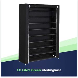 LG Life's Green Opvouwbare Kleerkast – Kledingrek met 10 legplanken – Stoffen Kledingkast met Rolgordijn – 80KG Draagvermogen – 100x28x164CM – Zwart