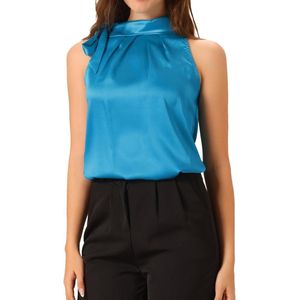 Dames mouwloze satijnen top met elegante ruches en opstaande kraag, ijsblauw, maat L