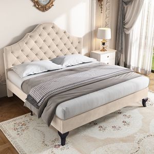 Sweiko Gestoffeerd bed 140*190cm, met platte noedelsvoet en hoofdeinde, met in hoogte verstelbaar hoofdeinde, geschikt voor volwassenen en tieners, houten Platte noedelsvoet, gemakkelijk te monteren, fluweel, beige