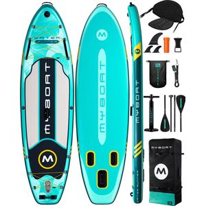 Luxe zeer complete set | Groen Opblaasbaar MyBoat Pro Kajak Boord | Stand Up Paddle Lake Green SUP Board Wind Water Runner met sportief zitje | 4 delige peddel voor kano ervaring | Samen, Familie, 2 á 3 personen of met hond | Tot 168 Kg kajakken