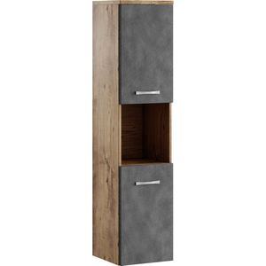 Badplaats Badkamerkast Montreal 30 x 30 x 131 cm - Kastanje Eiken met Donker Grijs - Hangende Kolomkast met 2 Deuren