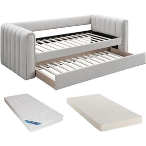 Vente-unique Uitschuifbaar bed 90 x 190 cm - Stof - Beige + matras - SAHONA L 240 cm x H 83.5 cm x D 97 cm