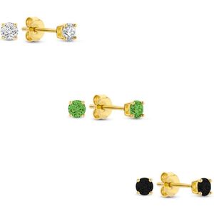 Silventi 9SIL-SET0032 Zilveren Zirkonia Oorknoppen Set 3mm Wit Groen Zwart Earparty - Zilver - Verguld/Goud op Zilver