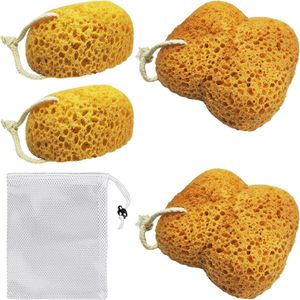 Allecto Plus - Schuimsponzen 4 stuks met netzak voor bad en douche - Beige Koffie - Zachte scrub voor lichaam en toiletartikelen