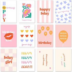 12 x Hippe verjaardagskaarten - Felicitatiekaarten - Kaartenset - Wenskaarten - Kaart verjaardag - Verjaardagskaart - Kaartjes om te versturen - Inclusief enveloppen - Gevouwen kaarten