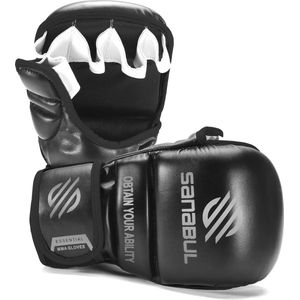 Sanabul Essential 7 oz MMA Hybrid Sparringhandschoenen - zwart, zilver - maat S/M