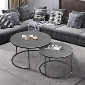Moderne salontafel rond - Marmer salontafel set - Grijs - 80x45cm & 60x40cm