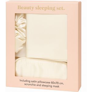 Beauty Sleeping Set – 3-Delig – Satijnen Kussensloop 60x70 cm + Slaapmasker + Scrunchie – Zacht voor Huid & Haar – Champagne