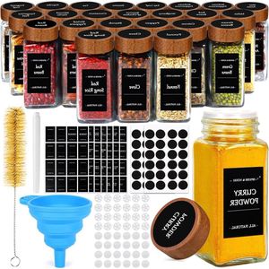 Vierkante Kruidenpotjes met Houten Deksel - Set van 24 Stuks - 120 ml - Glazen Kruidencontainers - Filter Etiketten - Siliconen Trechter - Reinigingsborstel Kruidenpotjes