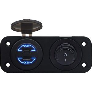 ProRide 12V USB C Autolader 2 Poorten Inbouw - 30W/QC4.0 - Tweevoudig inbouw paneel - Blauw