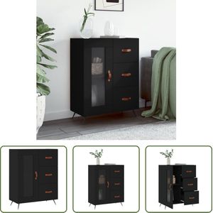 The Living Store Dressoir Landelijke Stijl - Zwart - 69.5 x 34 x 90 cm - Met 3 lades - Glazen deur