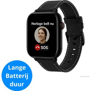 PersonalClick SOS Alarm Horloge Ouderen - Valdetectie - Waterdicht- Live GPS - Medicatie alarm - alarmknop voor ouderen - Persoonlijk Alarmknop voor Senioren - Personenalarmering - alarmknop voor ouderen - Leder Zwart