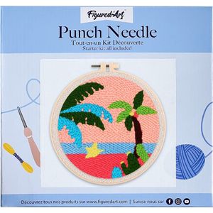 Figured'Art Punch Needle Kit voor Volwassenen en Kinderen - Op het strand - Perfect voor Beginners. Compleet klaar-om-te-borduren set, maat 20x20 cm met ronde frame
