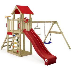 WICKEY speeltoestel klimtoestel MultiFlyer Light met schommel en rood glijbaan, outdoor kinderspeeltoestel met zandbak, ladder & speelaccessoires voor de tuin