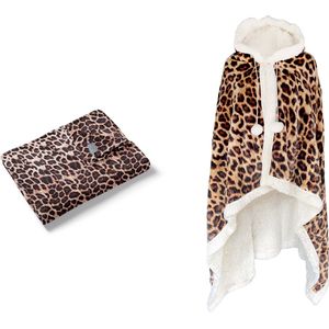 Linnick Flanel Fleece Deken + Hoodie met Capuchon Leopard - brown - 140x200cm - 130x180cm - Plaid