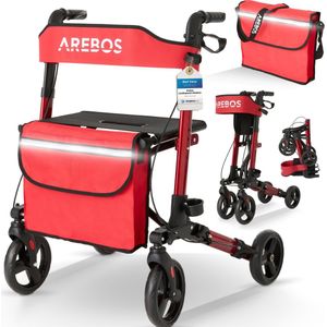 AREBOS - Rollator - Rood - Lichtgewicht en Opvouwbaar - Voor Binnen en Buiten