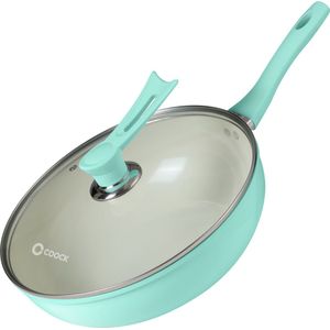 COOCK Wokpan Inductie 32cm - Speciale Anti-Aanbak Coating - Roerbakpan met deksel - Gerecycled Aluminium - Turquoise/Wit - Inclusief E-book
