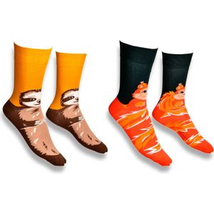 More Fashion - Heren Sokken - Maat 39 40 41 42 - 4-Pack - Leuk Asymmetrisch Print - Kleurrijk - Koe Flamingo Giraf Tijger - Dierenprint - MADE IN EU