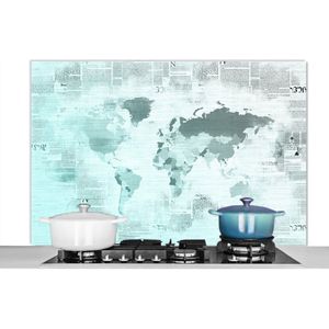 Spatscherm keuken 120x80 cm - Kookplaat achterwand Wereldkaart - Krant - Blauw - Muurbeschermer - Spatwand fornuis - Hoogwaardig aluminium