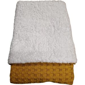 Kinderwagen deken witte teddy met wafelstof - 60 x 80 cm - okergeel