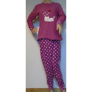 Pyjama - Pyjama Winter - Pyjama fleece - winterpyjama - Dames - Ronde Hals - maat XL - poes- Super zacht - HQ - Poes en hartjes - Roze - blauw